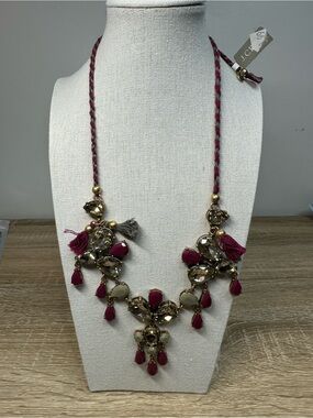 J.Crew Statement Necklace Boho Luxe Crystal & Burgundy Beaded Tassel